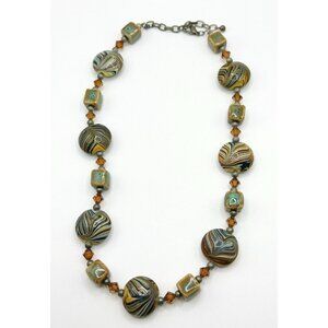 Swirled Ceramic Beaded Necklace Flat Round & Square Beads Raku 18”